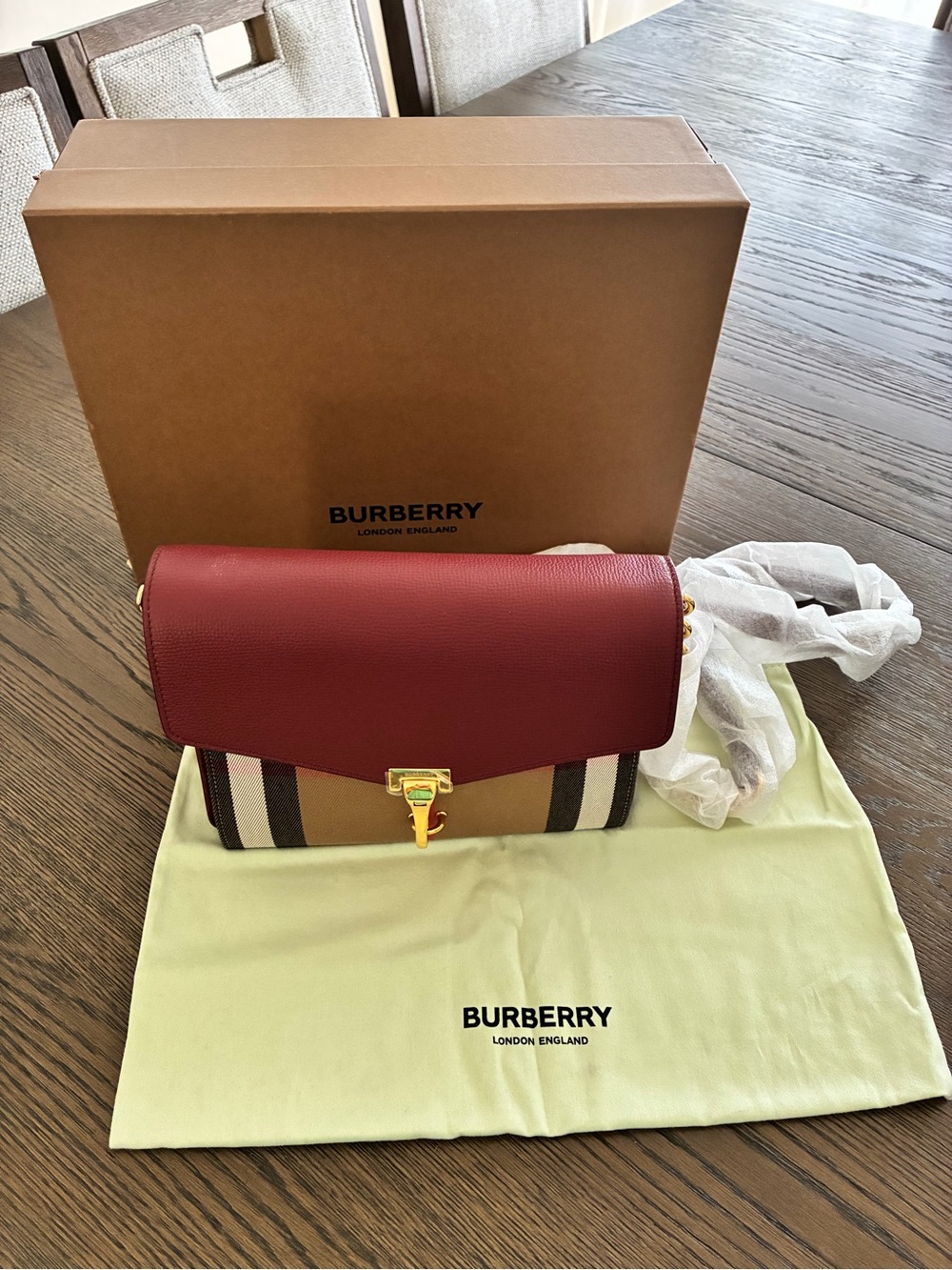 Burberry Red Leather Flap Crossbody with London Check 💯 Authentic